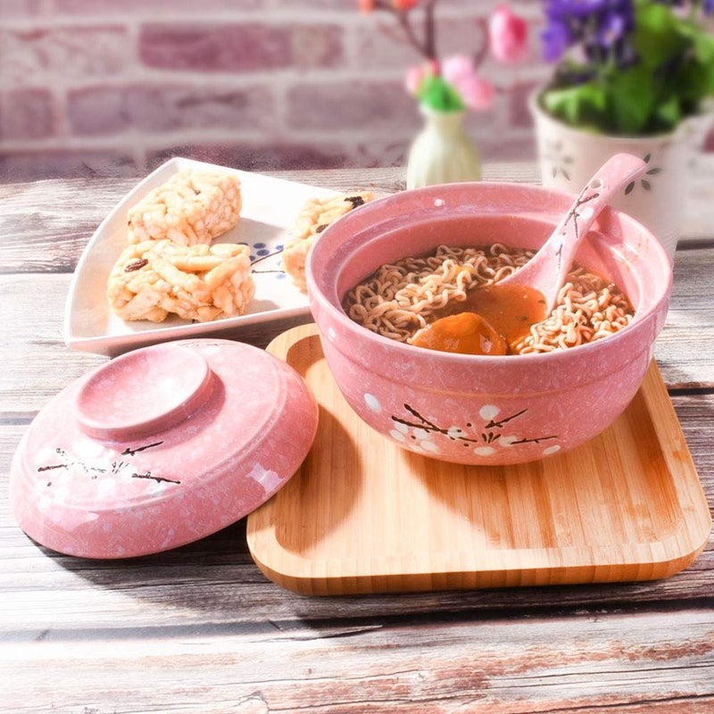 Whitenesser Ceramic Ramen Bowls with lids Japanese Big Porcelain Instant Noodle Bowl with Lid for Soup Rice and Porridge Pink - Image 4